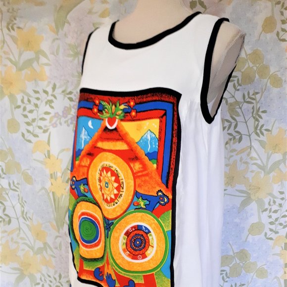 Vintage 1980s Lori Ann Sleeveless Midi Dress Mystical Symbols S 10 - Picture 2 of 13